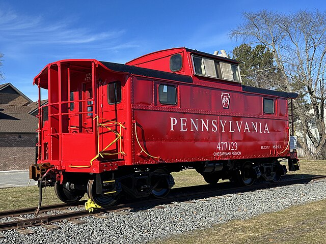 A former Pennsylvania Railroad red caboose. The photo was taken in January 2017.
